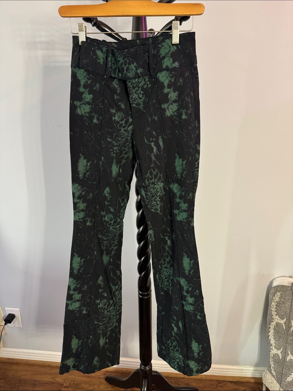 Black & Emerald Green Patterned Flare Pants